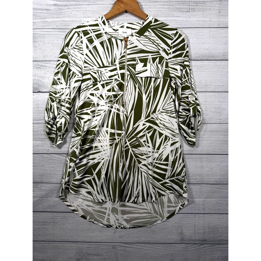 Fyve Women's Small Olive Green White Palm Leaf Print Zip Front Tunic Top 4492